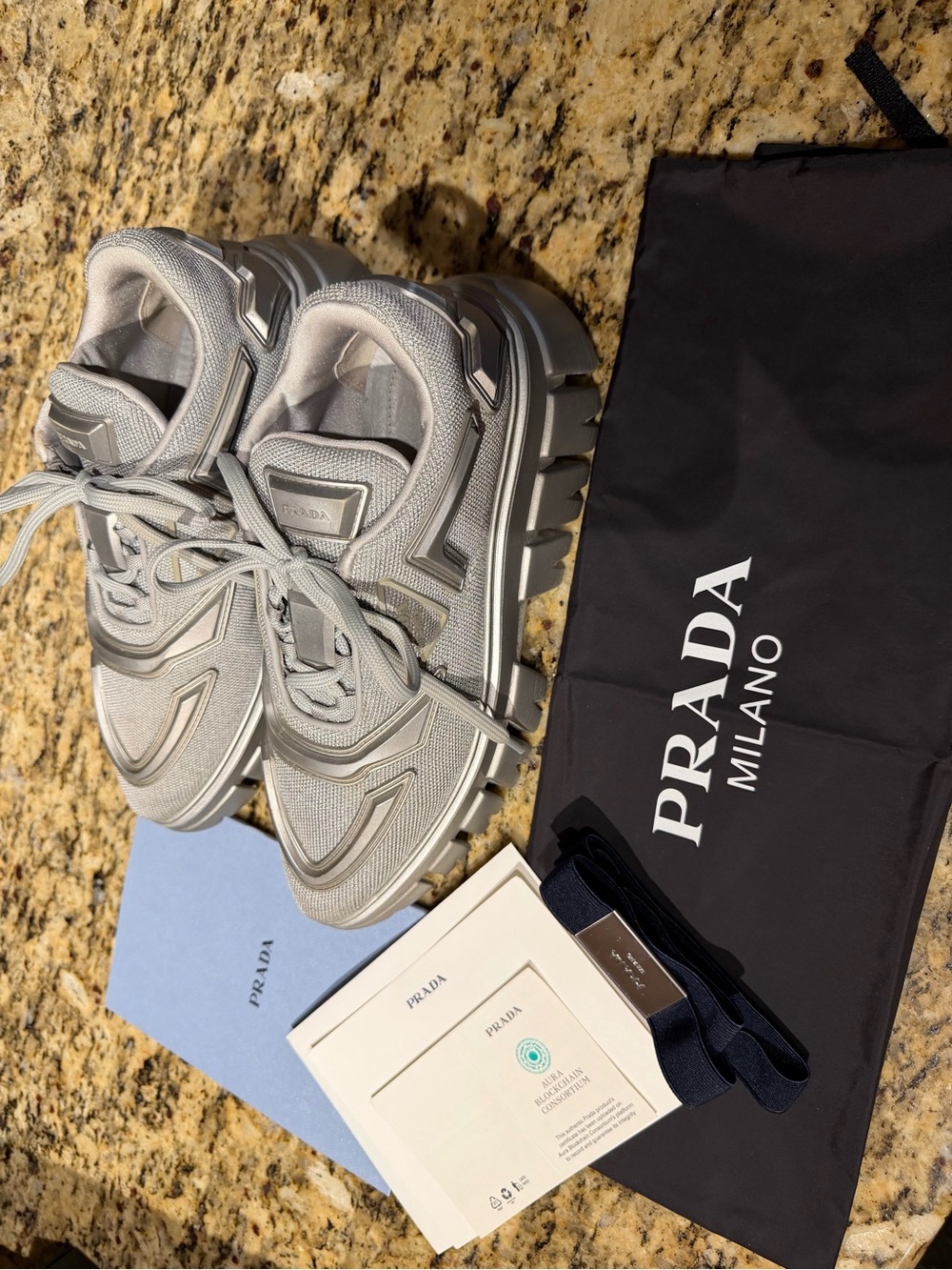 Prada Evolution Tech Women’s Chunky Lace-Up Sneakers in Light Gray and Silver - Picture 13 of 16